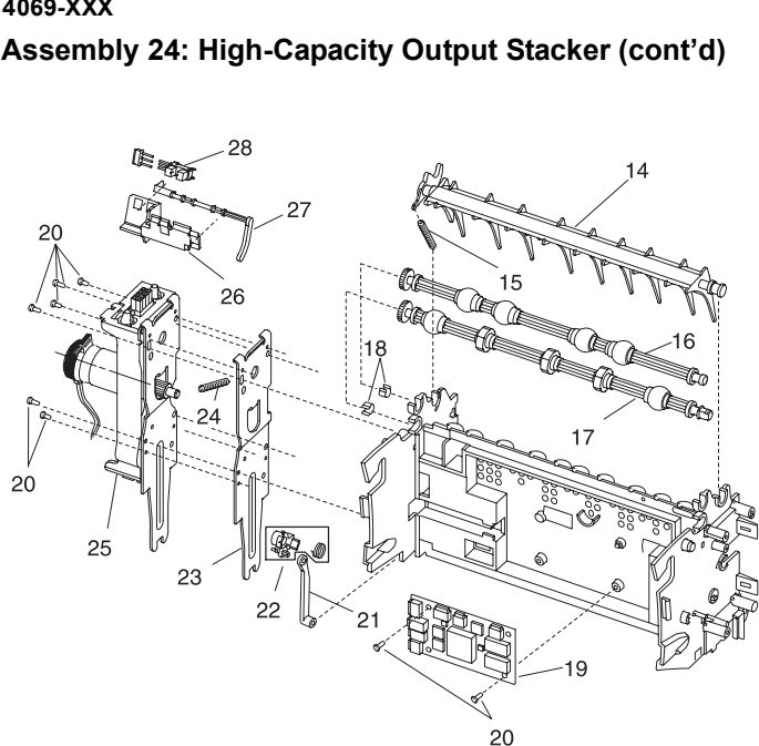 Assembly 24: High-Capacity Output Stacker (cont’d) parts diagram - Lexmark Hi-Cap Drawer Parts (Optra S and T)
