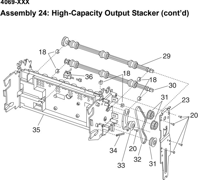 Assembly 24: High-Capacity Output Stacker (cont’d) parts diagram - Lexmark Hi-Cap Drawer Parts (Optra S and T)