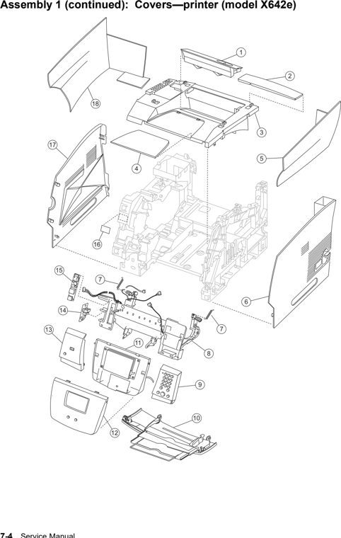 Assembly 1: Covers—printer (model X642e) parts diagram - Lexmark X642e X644e X646e XM642e XM644e XM646e Parts
