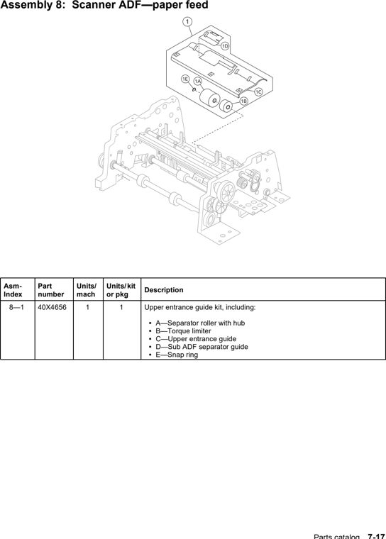Assembly 8: Scanner ADF—paper feed parts diagram - Lexmark X642e X644e X646e XM642e XM644e XM646e Parts