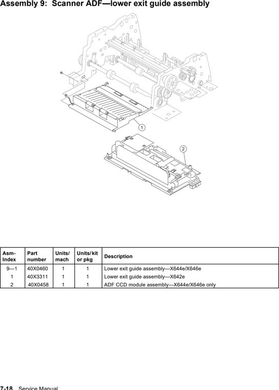 Assembly 9: Scanner ADF—lower exit guide assembly parts diagram - Lexmark X642e X644e X646e XM642e XM644e XM646e Parts