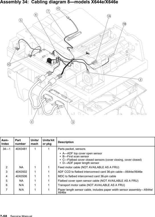 Assembly 34: Cabling diagram 8—models X644e/X646e parts diagram - Lexmark X642e X644e X646e XM642e XM644e XM646e Parts