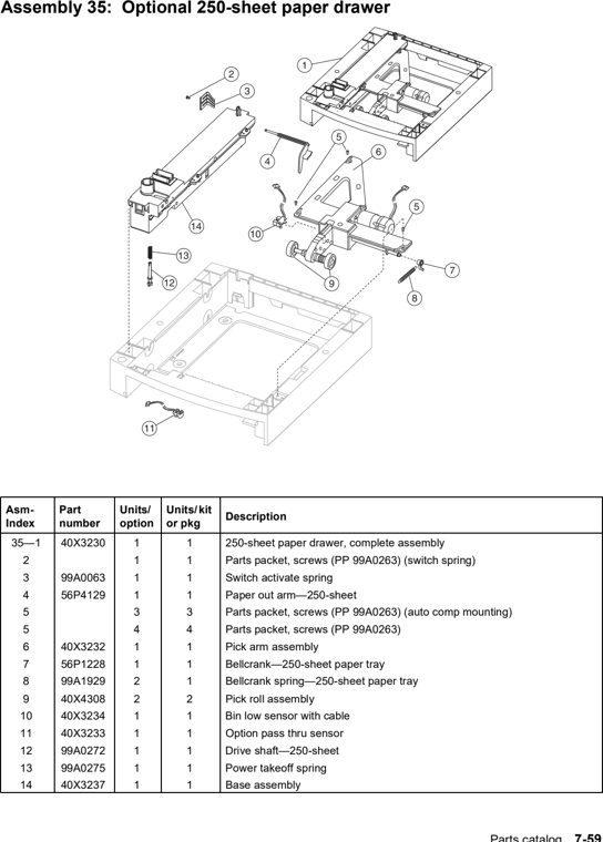 Assembly 35: Optional 250-sheet paper drawer parts diagram - Lexmark X642e X644e X646e XM642e XM644e XM646e Parts