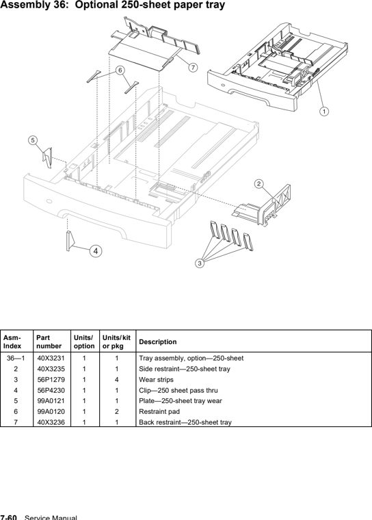Assembly 36: Optional 250-sheet paper tray parts diagram - Lexmark X642e X644e X646e XM642e XM644e XM646e Parts