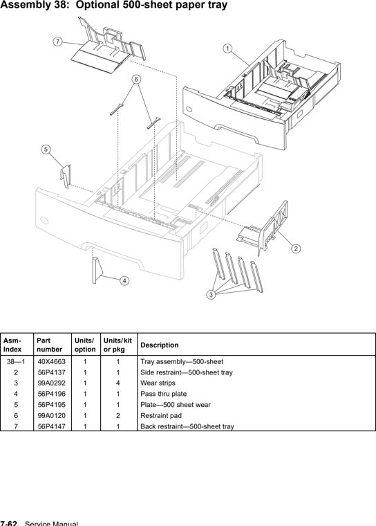 Assembly 38: Optional 500-sheet paper tray parts diagram - Lexmark X642e X644e X646e XM642e XM644e XM646e Parts