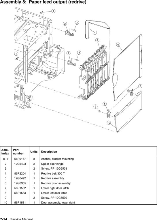 Assembly 8: Paper feed output (redrive) parts diagram - Lexmark C752 Parts