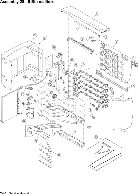 Assembly 28: 5-Bin mailbox parts diagram - Lexmark C752 Parts