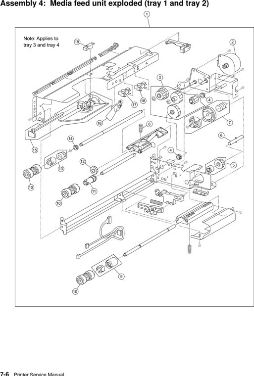 Assembly 4: Media feed unit exploded (tray 1 and tray 2) parts diagram - Lexmark W840 Parts