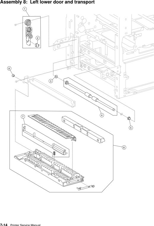 Assembly 8: Left lower door and transport parts diagram - Lexmark W840 Parts