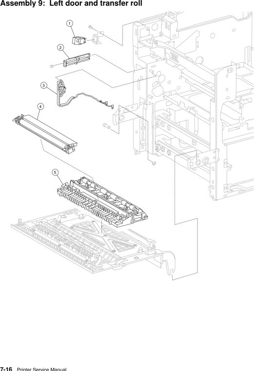 Assembly 9: Left door and transfer roll parts diagram - Lexmark W840 Parts
