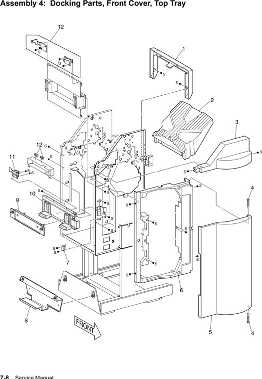 Assembly 4: Docking Parts, Front Cover, Top Tray parts diagram - Lexmark W820 12B0085 Finisher Parts