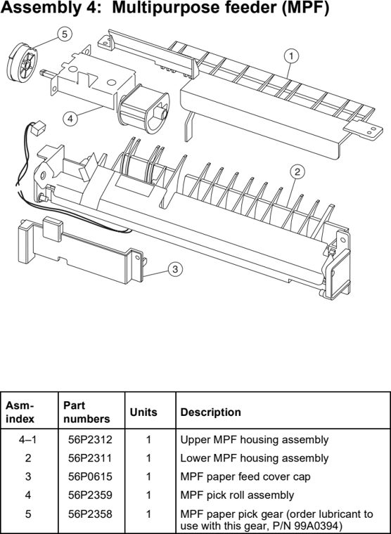 Assembly 4: Multipurpose feeder (MPF) parts diagram - Lexmark T430 Parts