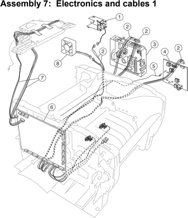 Assembly 7: Electronics and cables 1 parts diagram - Lexmark T430 Parts