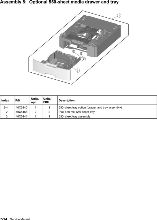 Assembly 8: Optional 550-sheet media drawer and tray parts diagram - Lexmark C736 Parts