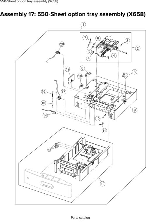 Assembly 17: 550 Sheet option tray assembly (X658) parts diagram - Lexmark X651 X652 X654 XS654 X656 X658 (and XS versions) Parts