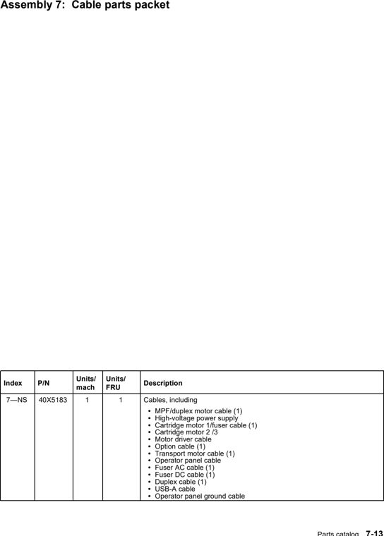 Assembly 7: Cable parts packet parts diagram - Lexmark X734 X736 X738 Parts
