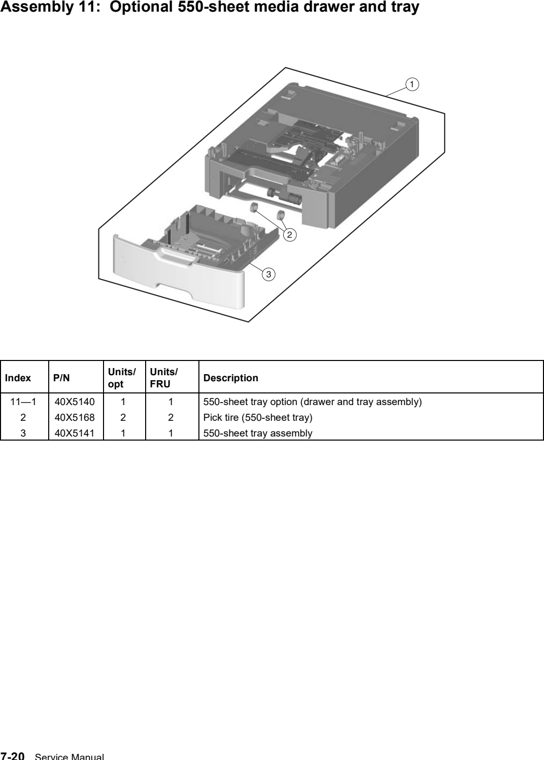 Assembly 11: Optional 550-sheet media drawer and tray parts diagram - Lexmark X734 X736 X738 Parts