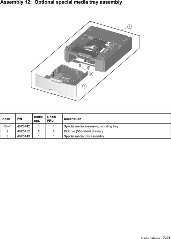 Assembly 12: Optional special media tray assembly parts diagram - Lexmark X734 X736 X738 Parts