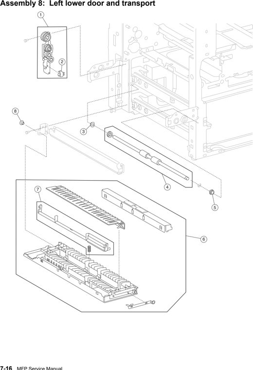 Assembly 8: Left lower door and transport parts diagram - Lexmark X850e X852e X854e Parts