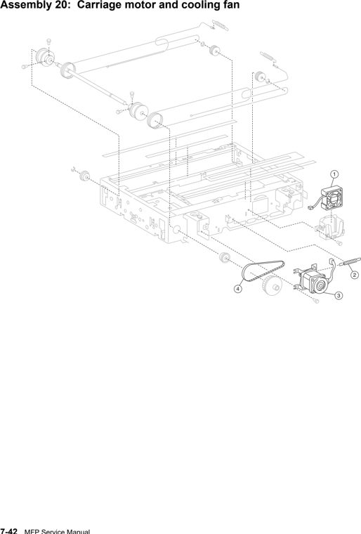 Assembly 20: Carriage motor and cooling fan parts diagram - Lexmark X850e X852e X854e Parts