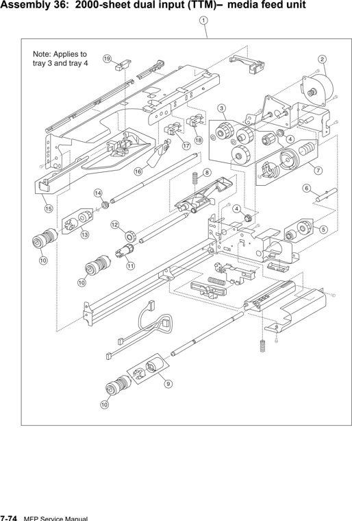 Assembly 36: 2000-sheet dual input (TTM)–media feed unit parts diagram - Lexmark X850e X852e X854e Parts