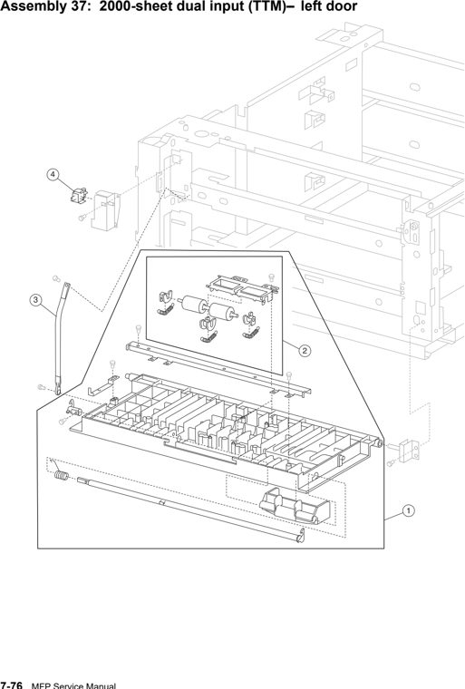 Assembly 37: 2000-sheet dual input (TTM)–left door parts diagram - Lexmark X850e X852e X854e Parts