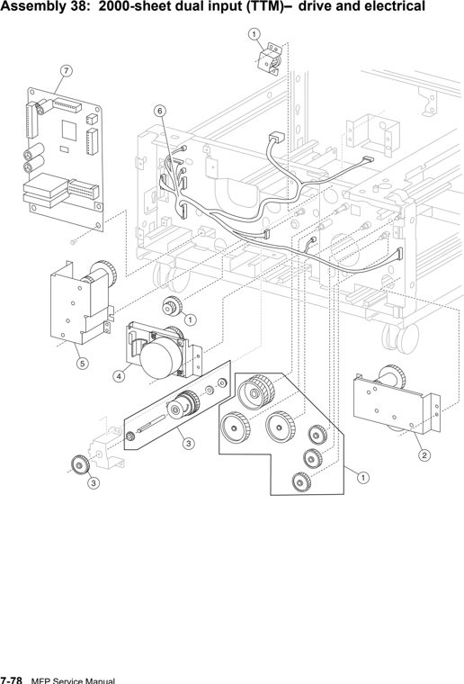 Assembly 38: 2000-sheet dual input (TTM)–drive and electrical parts diagram - Lexmark X850e X852e X854e Parts