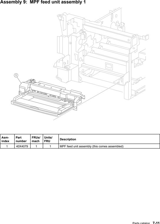 Assembly 9: MPF feed unit assembly 1 parts diagram - Lexmark X940e & X945e Parts