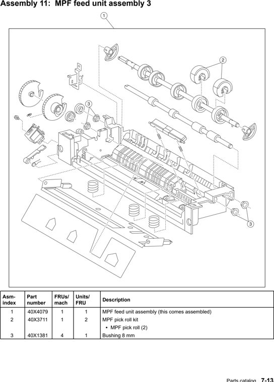 Assembly 11: MPF feed unit assembly 3 parts diagram - Lexmark X940e & X945e Parts