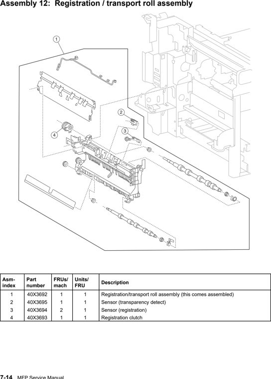 Assembly 12: Registration / transport roll assembly parts diagram - Lexmark X940e & X945e Parts