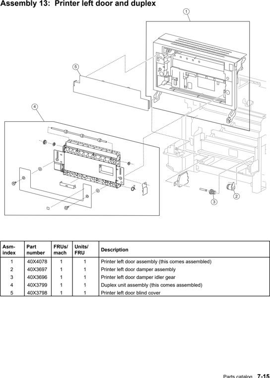 Assembly 13: Printer left door and duplex parts diagram - Lexmark X940e & X945e Parts