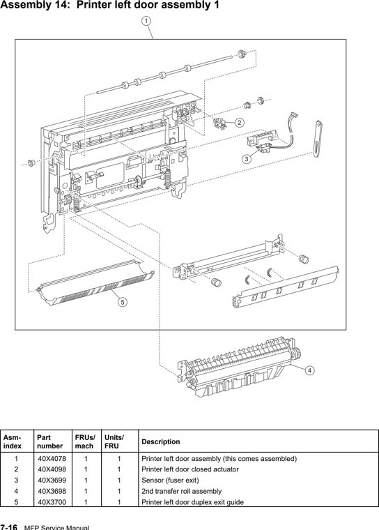 Assembly 14: Printer left door assembly 1 parts diagram - Lexmark X940e & X945e Parts