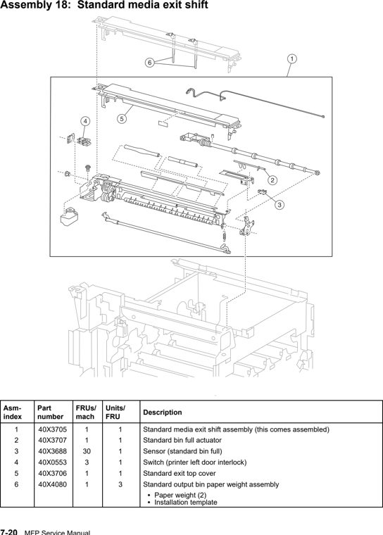 Assembly 18: Standard media exit shift parts diagram - Lexmark X940e & X945e Parts