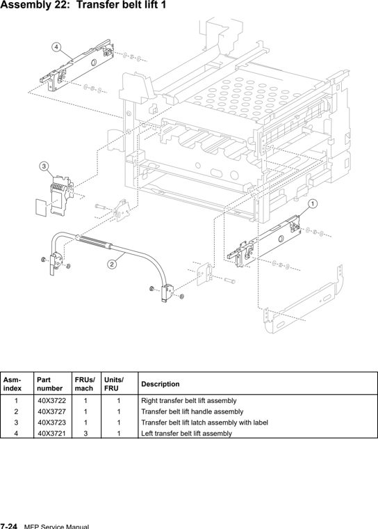 Assembly 22: Transfer belt lift 1 parts diagram - Lexmark X940e & X945e Parts