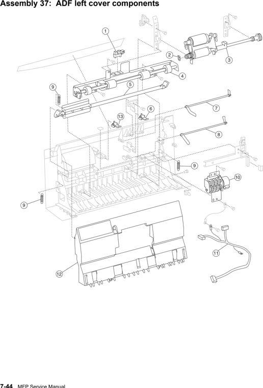 Assembly 37: ADF left cover components parts diagram - Lexmark X940e & X945e Parts