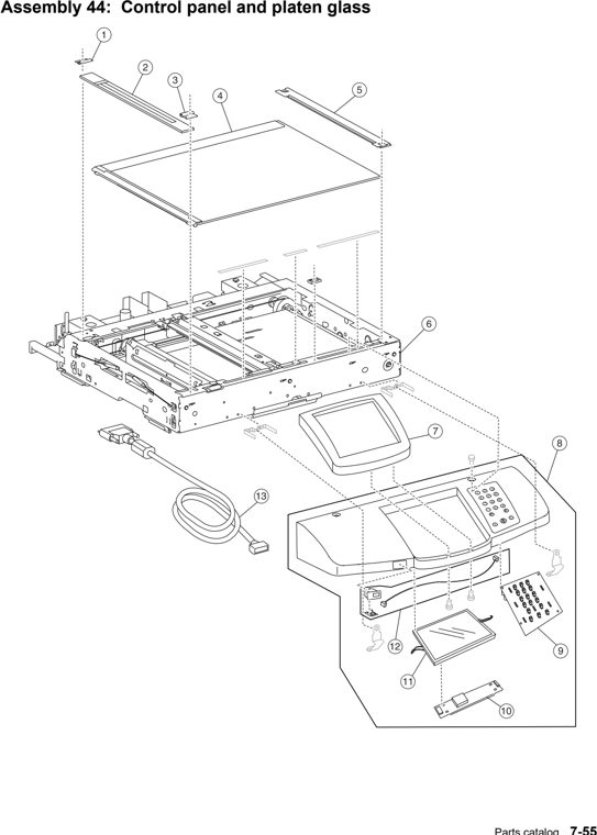 Assembly 44: Control panel and platen glass parts diagram - Lexmark X940e & X945e Parts