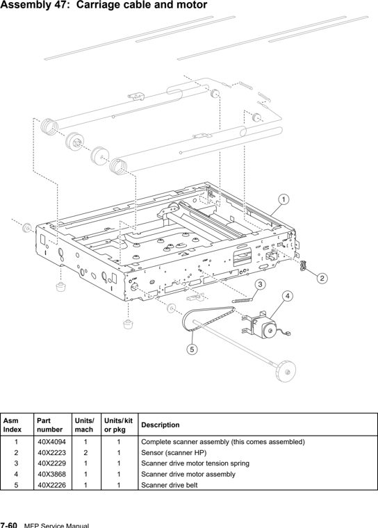 Assembly 47: Carriage cable and motor parts diagram - Lexmark X940e & X945e Parts