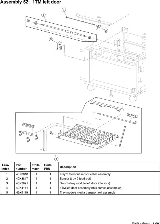 Assembly 52: 1TM left door parts diagram - Lexmark X940e & X945e Parts