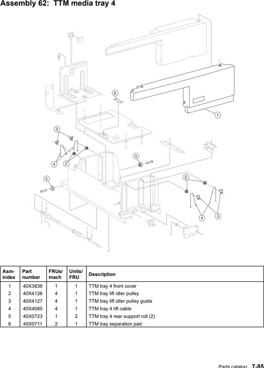 Assembly 62: TTM media tray 4 parts diagram - Lexmark X940e & X945e Parts