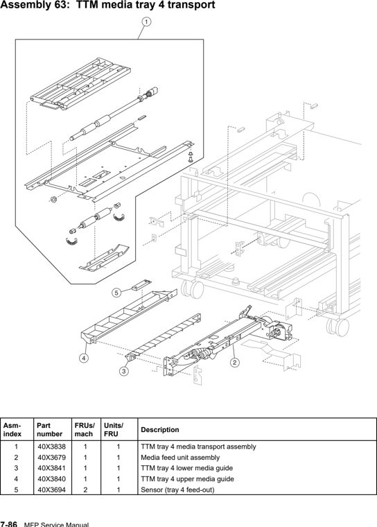 Assembly 63: TTM media tray 4 transport parts diagram - Lexmark X940e & X945e Parts