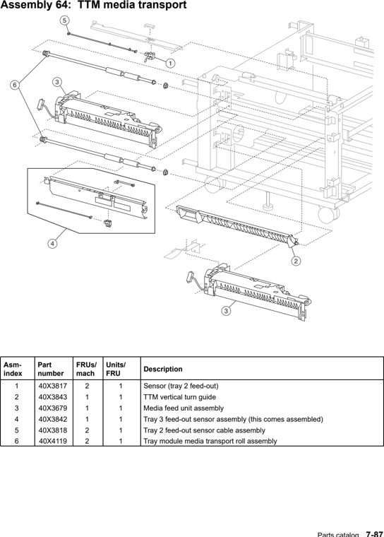 Assembly 64: TTM media transport parts diagram - Lexmark X940e & X945e Parts