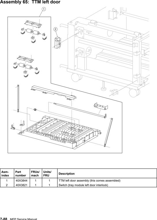 Assembly 65: TTM left door parts diagram - Lexmark X940e & X945e Parts