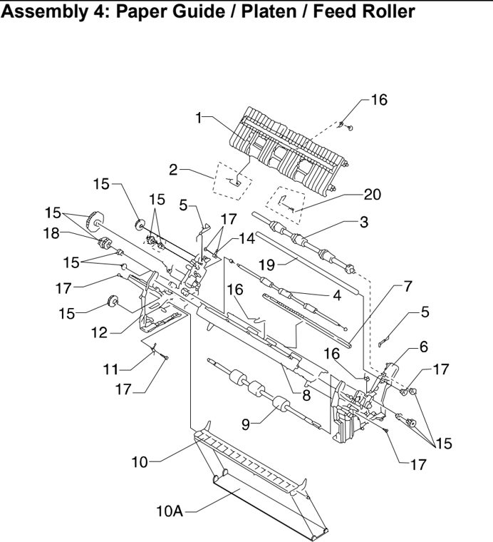 Assembly 4: Paper Guide / Platen / Feed Roller parts diagram - Lexmark 2380 2381 2390 2391 Parts