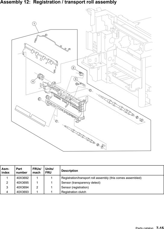 Assembly 12: Registration / transport roll assembly parts diagram - Lexmark C935 Parts