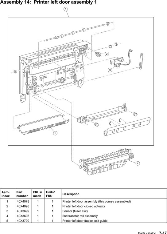 Assembly 14: Printer left door assembly 1 parts diagram - Lexmark C935 Parts