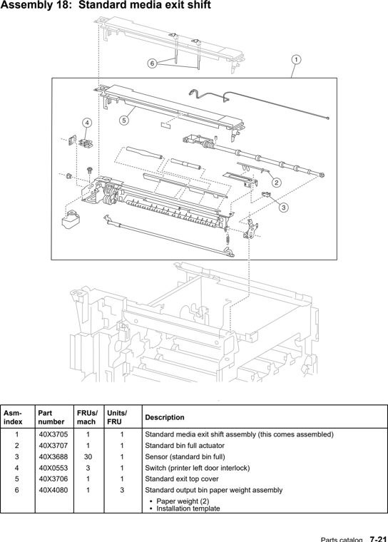 Assembly 18: Standard media exit shift parts diagram - Lexmark C935 Parts