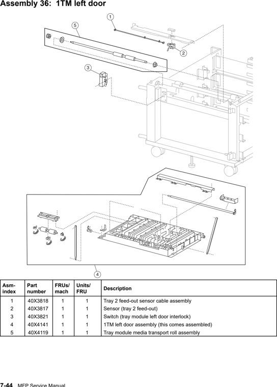 Assembly 36: 1TM left door parts diagram - Lexmark C935 Parts