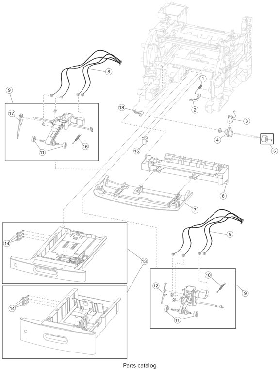 Assembly 7: Pick arm assembly, trays, and MPF parts diagram - Lexmark T650 T652 T654 T656 Parts