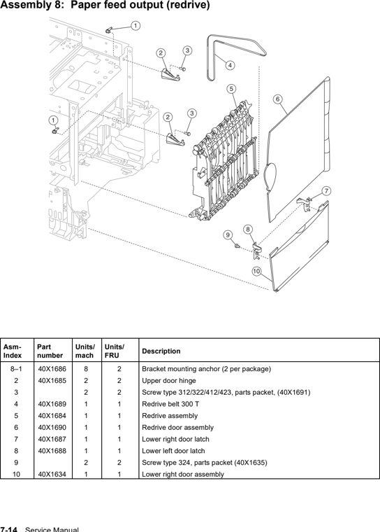 Assembly 8: Paper feed output (redrive) parts diagram - Lexmark C770 & C772 Parts