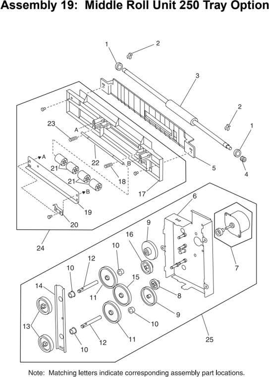 Assembly 19: Middle Roll Unit 250 Tray Option parts diagram - Lexmark C710 Parts